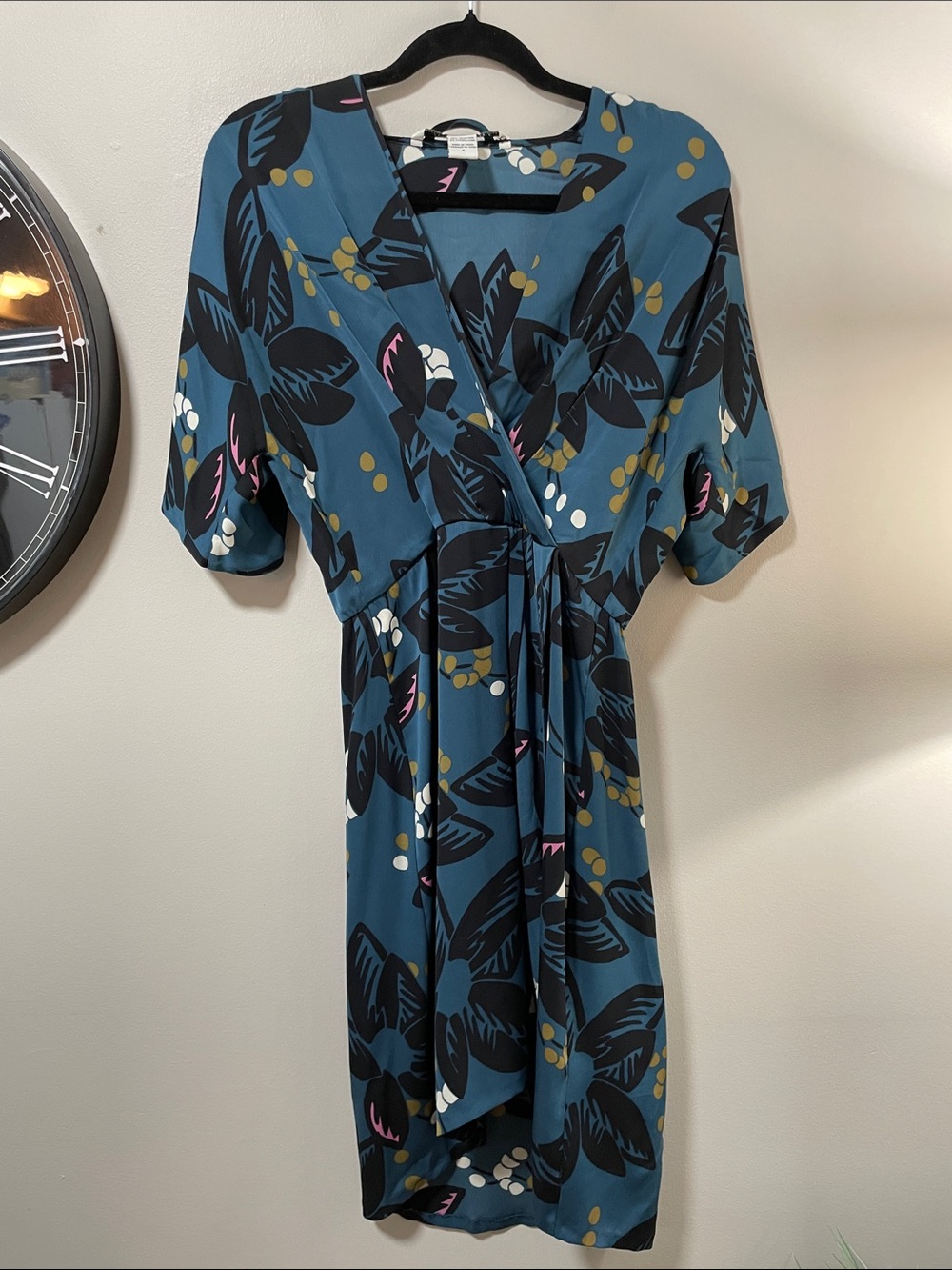 Diane Von Furstenberg Silk Teal Floral Midi Dress with Black Leaf Print as is